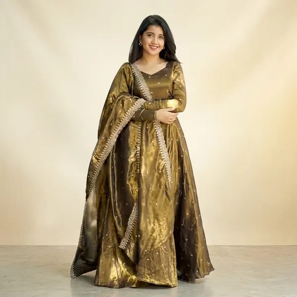 Golden_100%_Fendi_Silk_Embroidered_Gown_with_Dupatta_For_Women
