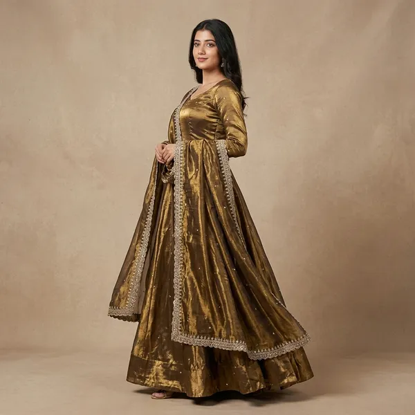 Golden_100%_Fendi_Silk_Embroidered_Gown_with_Dupatta_For_Women