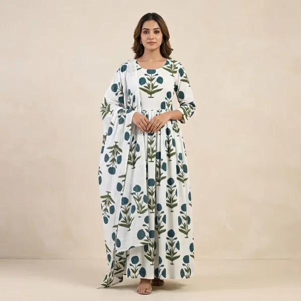 White_100%_Cotton_Gown_with_Dupatta_For_Women