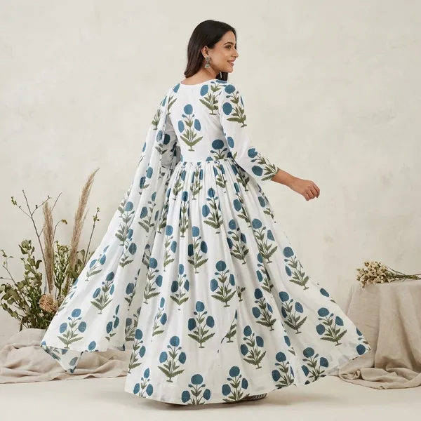 White_100%_Cotton_Gown_with_Dupatta_For_Women