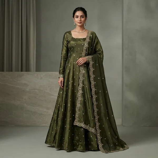 Green_100%_Fendi_Silk_Ethnic_Gown_with_Dupatta_For_Women