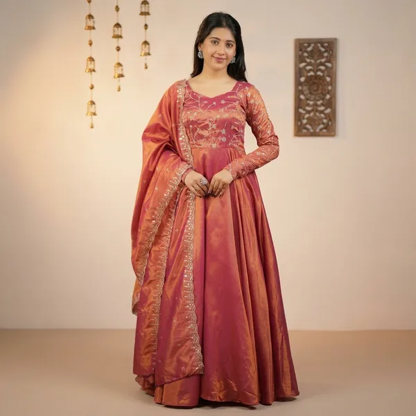 Orange_100%_Fendi_Silk_Gown_with_Dupatta_For_Women
