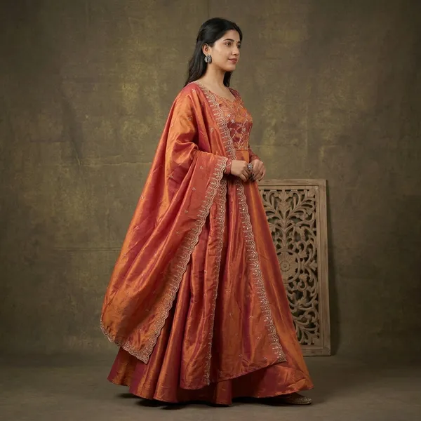 Orange_100%_Fendi_Silk_Gown_with_Dupatta_For_Women