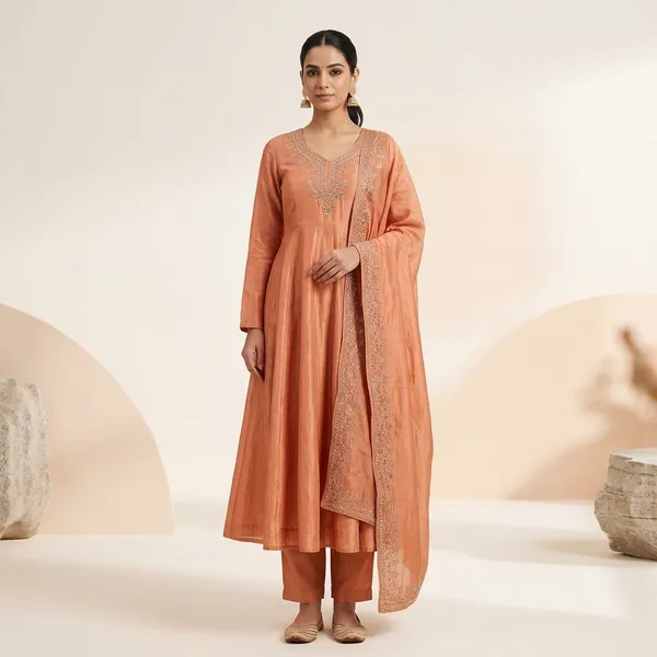 Light_Orange_100%_Fendi_Silk_Embroidered_Suit_Set_For_Women