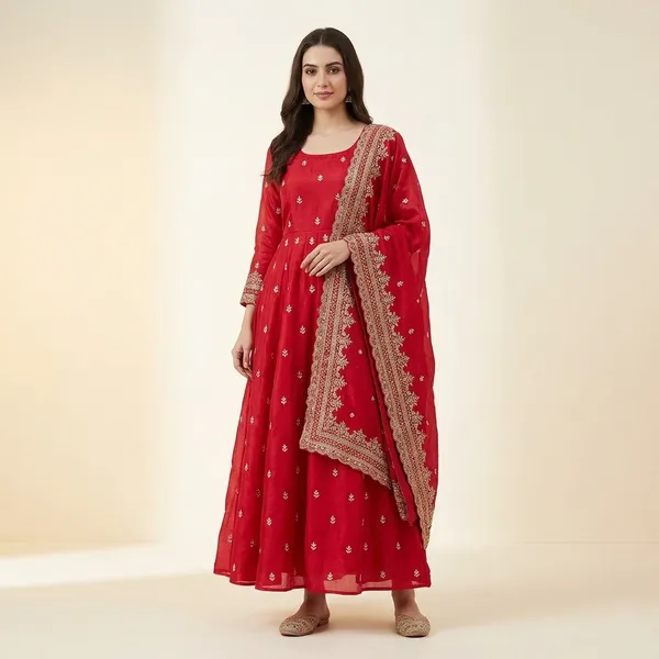 Red_100%_Fendi_Silk_Embroidered_Gown_with_Dupatta_For_Women