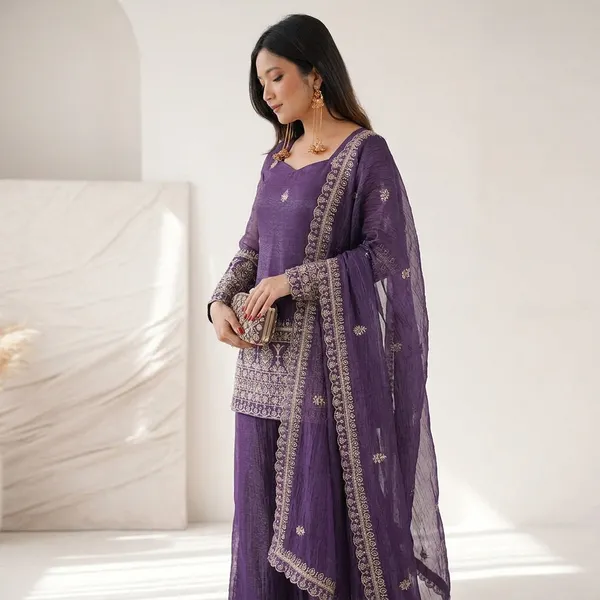Purple_100%_Fendi_Silk_(Crush_Finish)_Kurti_Palazzo_Set_with_Dupatta_For_Women
