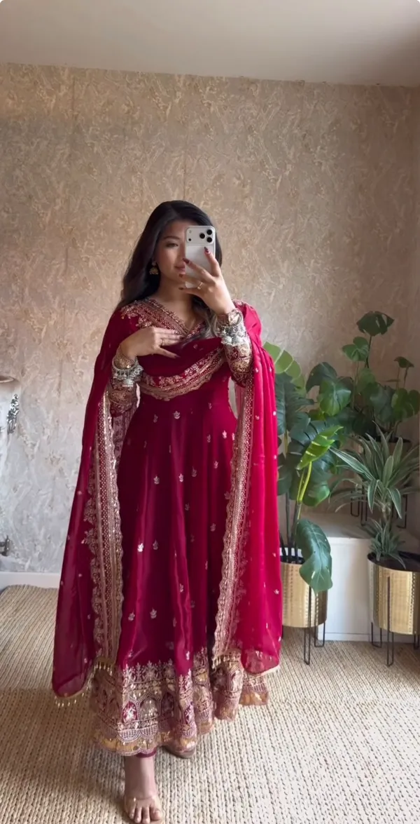 Red_100%_Fendi_Silk_Embroidered_Gown_with_Dupatta_For_Women