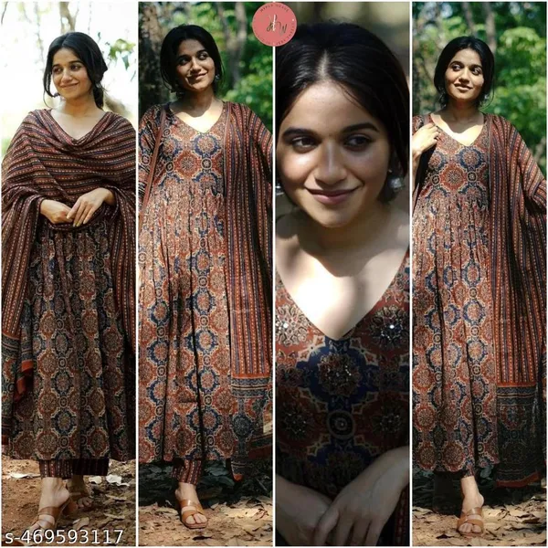 Brown_Cotton_Blend_Kurta_With_Bottom_And_Dupatta_For_Women
