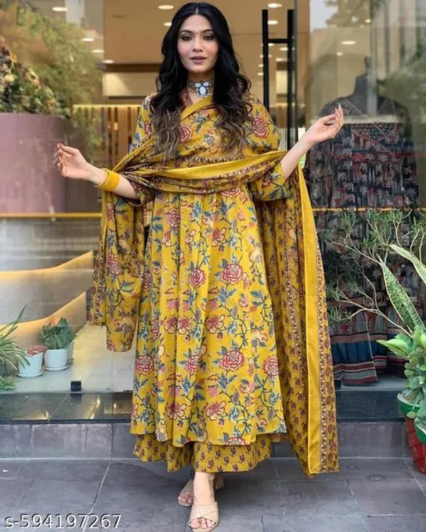 Mustard_Cotton_Blend_Kurta_With_Bottom_And_Dupatta_For_Women
