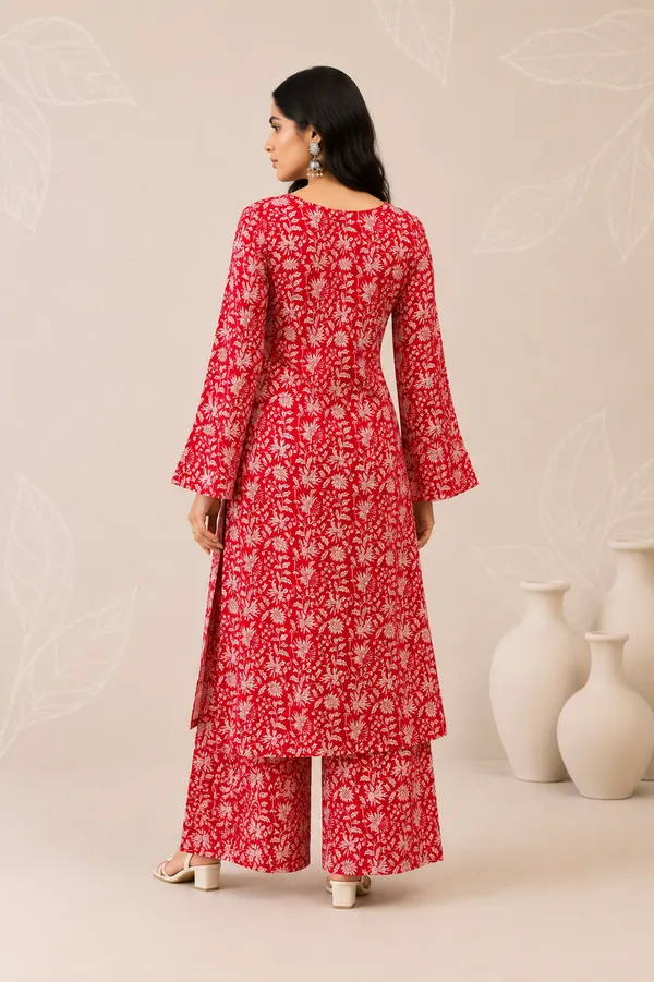 Red_Cotton_Blend_Kurta_With_Bottom_Set_For_Women
