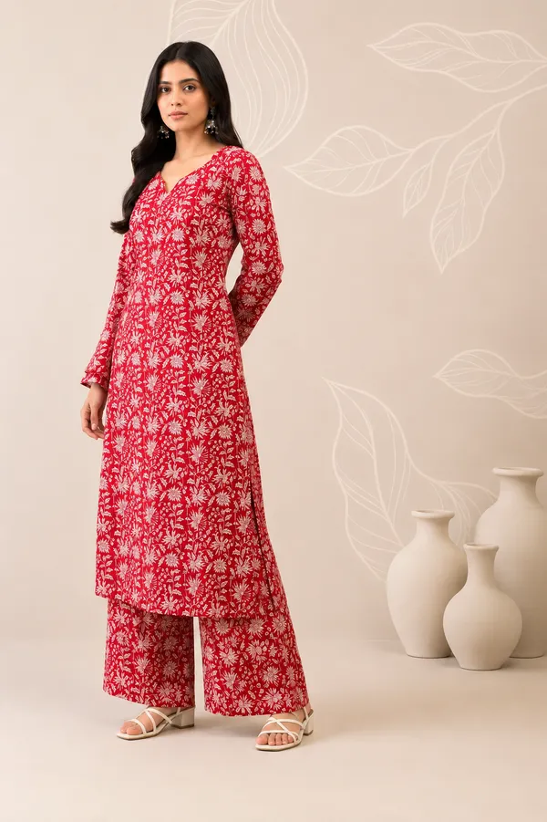 Red_Cotton_Blend_Kurta_With_Bottom_Set_For_Women