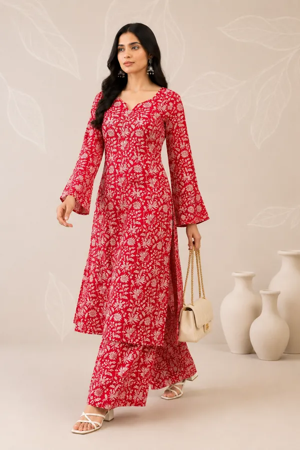 Red_Cotton_Blend_Kurta_With_Bottom_Set_For_Women