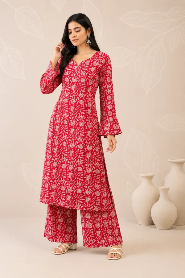 Red_Cotton_Blend_Kurta_With_Bottom_Set_For_Women