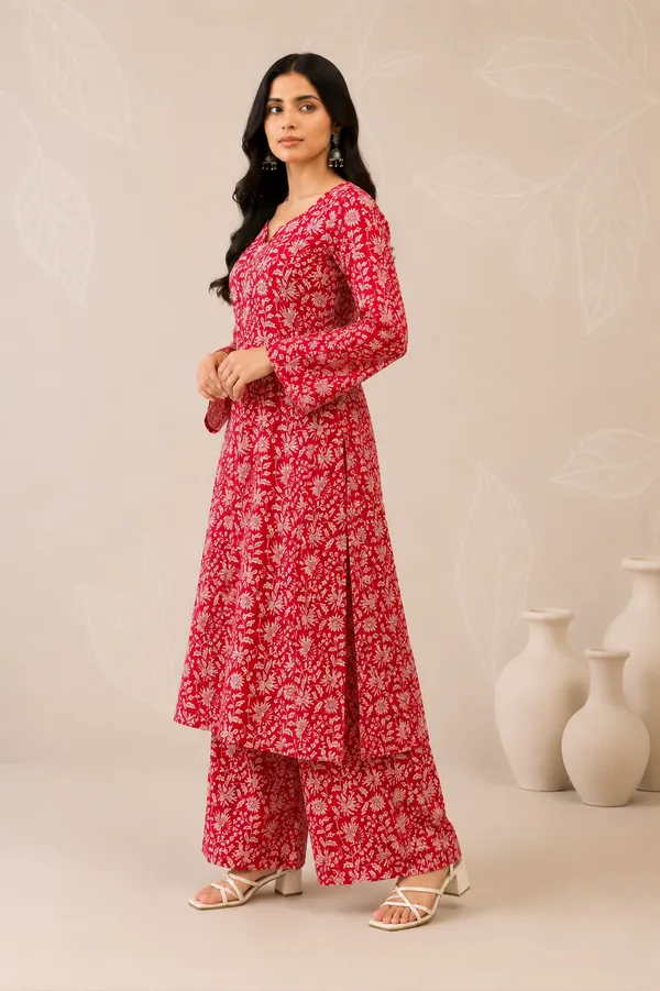 Red_Cotton_Blend_Kurta_With_Bottom_Set_For_Women