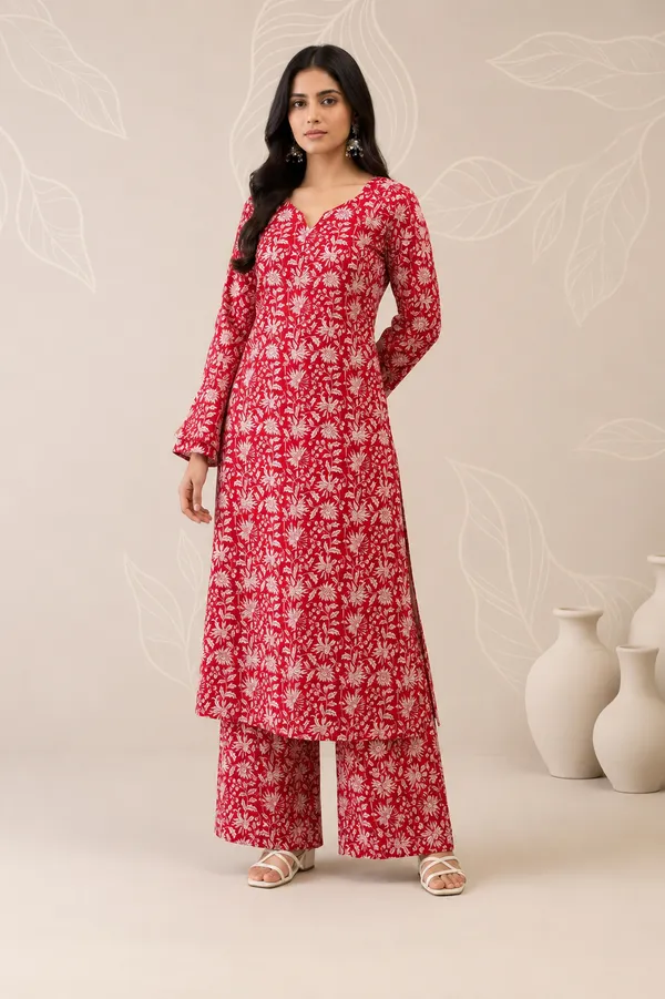 Red_Cotton_Blend_Kurta_With_Bottom_Set_For_Women