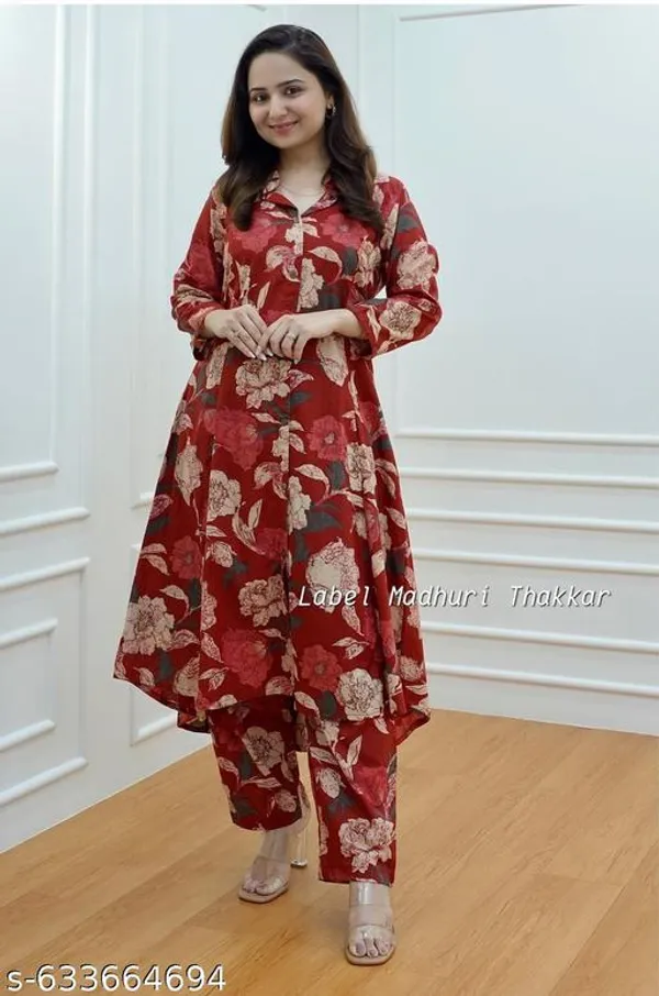 Red_Cotton_Blend_Kurta_Set_For_Women