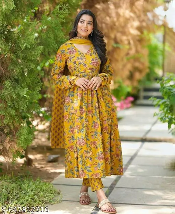Yellow_Cotton_Blend_Anarkali_Kurta_With_Bottom_And_Dupatta_For_Women