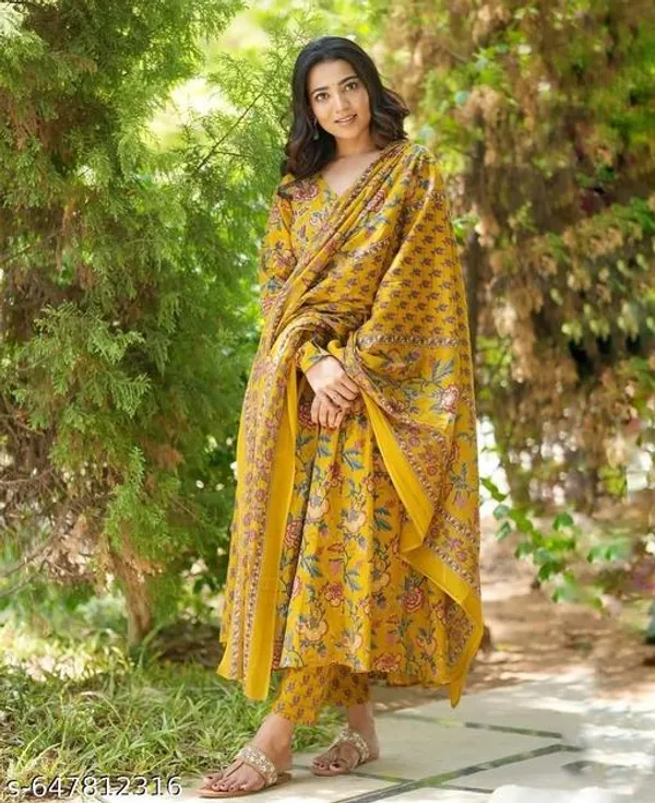 Yellow_Cotton_Blend_Anarkali_Kurta_With_Bottom_And_Dupatta_For_Women