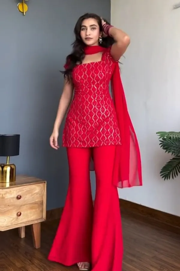 Red_Faux_Georgette_Kurta_With_Sharara_Set_For_Women