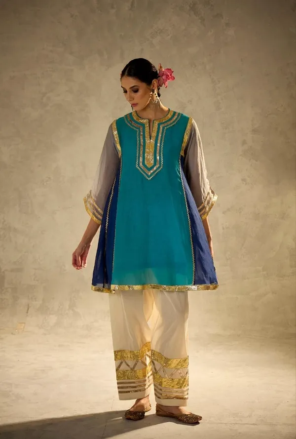 Blue__And_White_Mal_Chanderi_With_Gottapatti_Lace_Kurta_With_Sharara_Set_For_Women