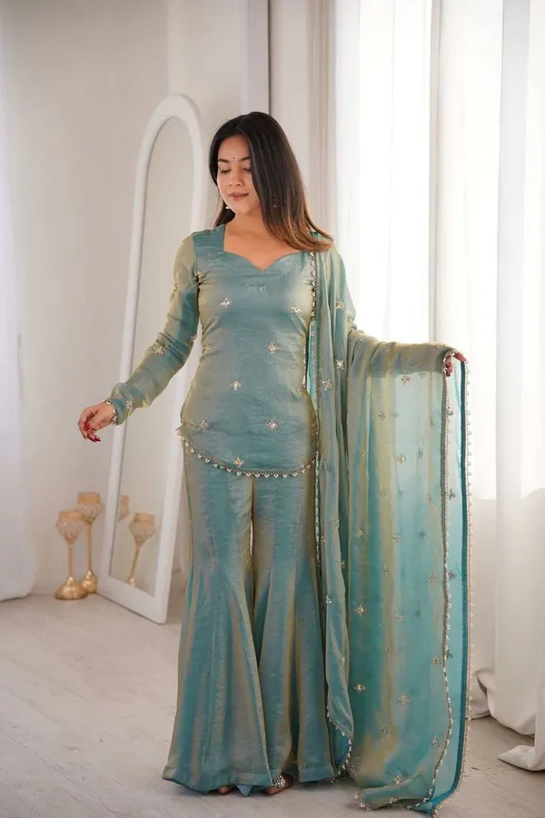 Light_Blue_Heavy_Frenchy_Silk_With_Lace_Kurta_With_Sharara_Set_For_Women