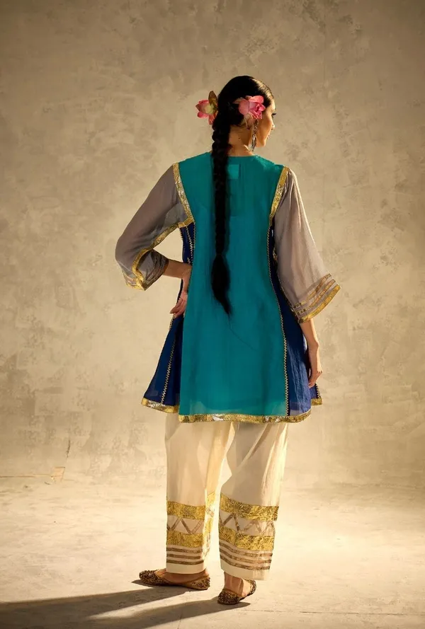Blue__And_White_Mal_Chanderi_With_Gottapatti_Lace_Kurta_With_Sharara_Set_For_Women