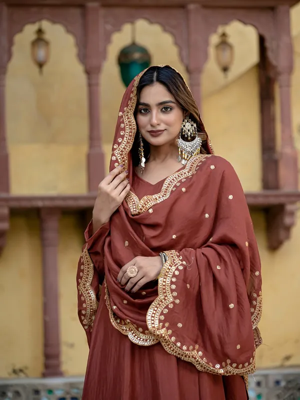 Brown_Heavy_Pure_Vichitra_Silk_Kurta_Set_For_Women