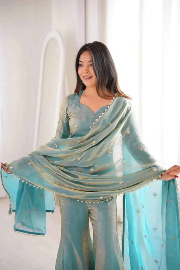 Light_Blue_Heavy_Frenchy_Silk_With_Lace_Kurta_With_Sharara_Set_For_Women