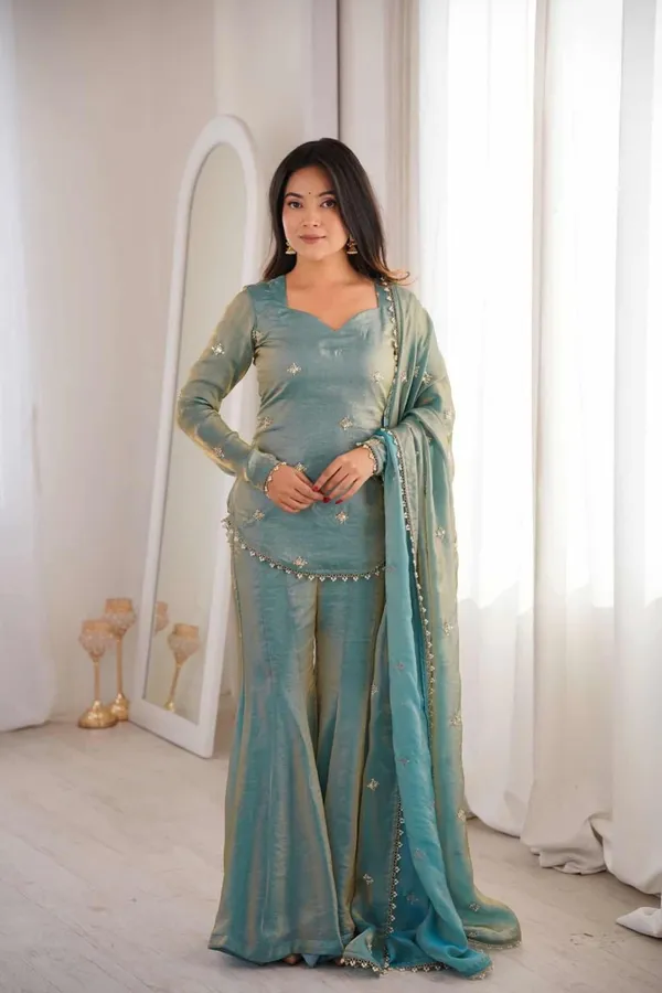 Light_Blue_Heavy_Frenchy_Silk_With_Lace_Kurta_With_Sharara_Set_For_Women