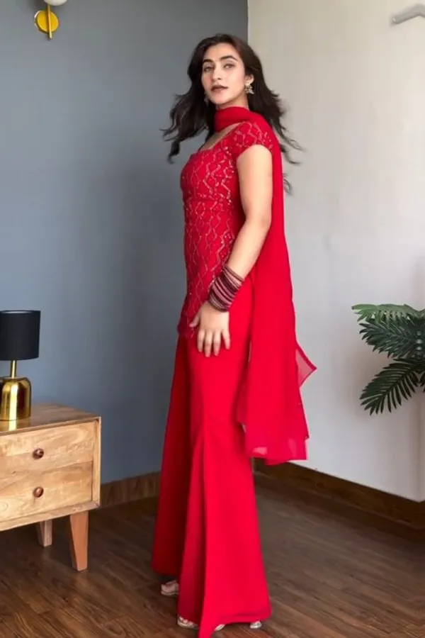 Red_Faux_Georgette_Kurta_With_Sharara_Set_For_Women