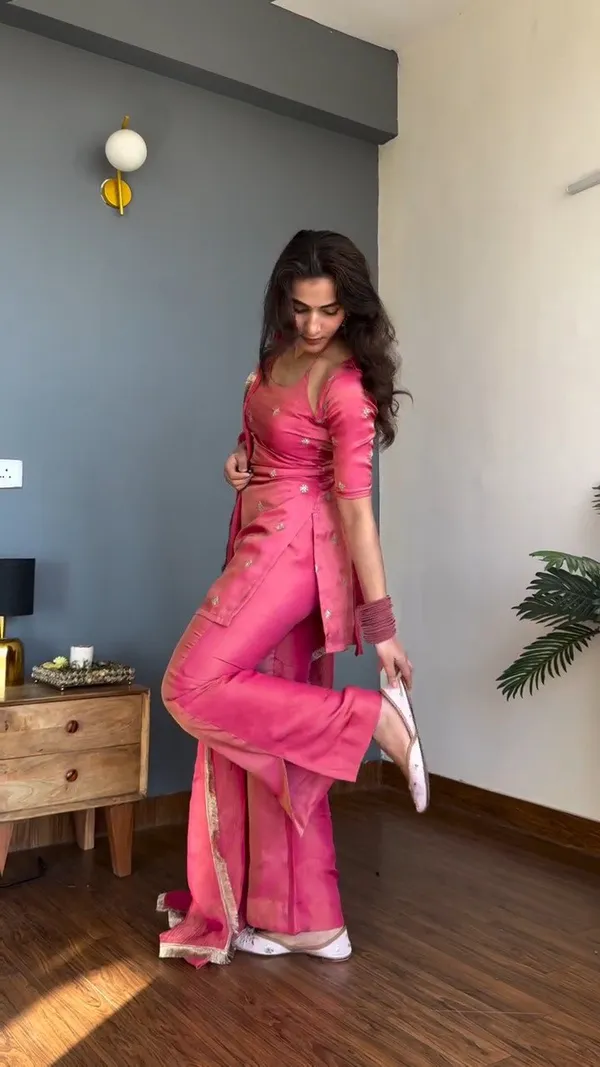 Pink_Heavy_Pure_Vichitra_Silk_Kurta_With_Sharara_Set_For_Women