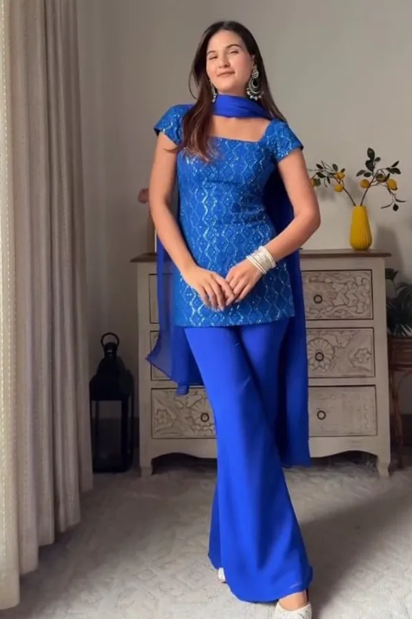 Blue_Faux_Georgette_Kurta_With_Sharara_Set_For_Women