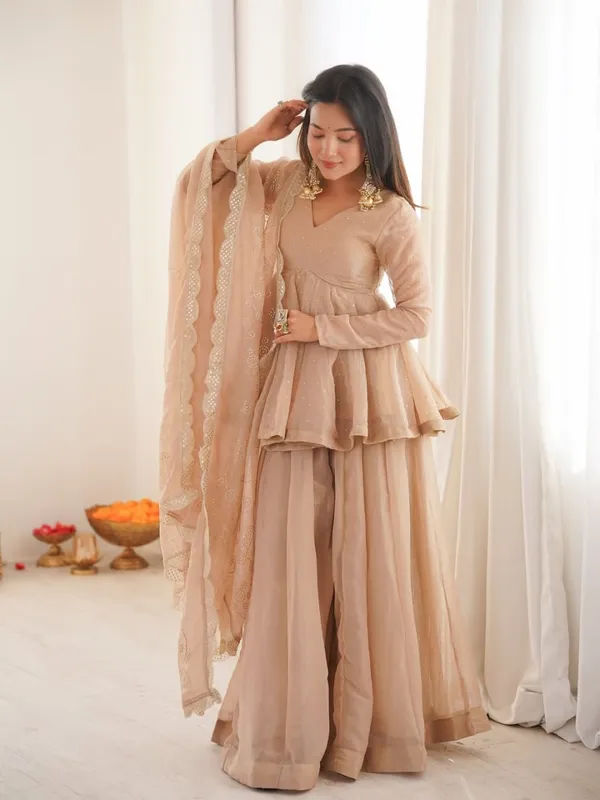 Cream_Heavy_Crunchy_Silk_Kurta_With_Sharara_Set_For_Women