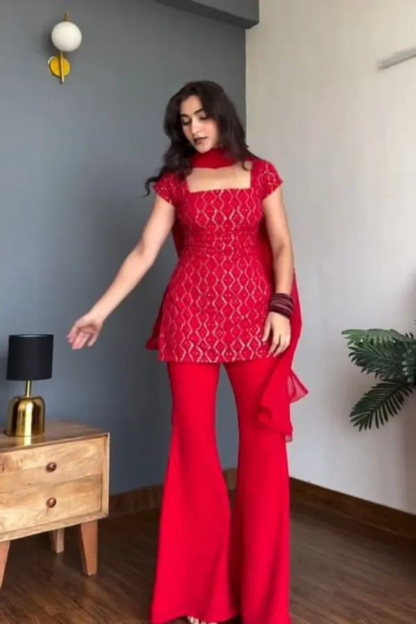 Red_Faux_Georgette_Kurta_With_Sharara_Set_For_Women