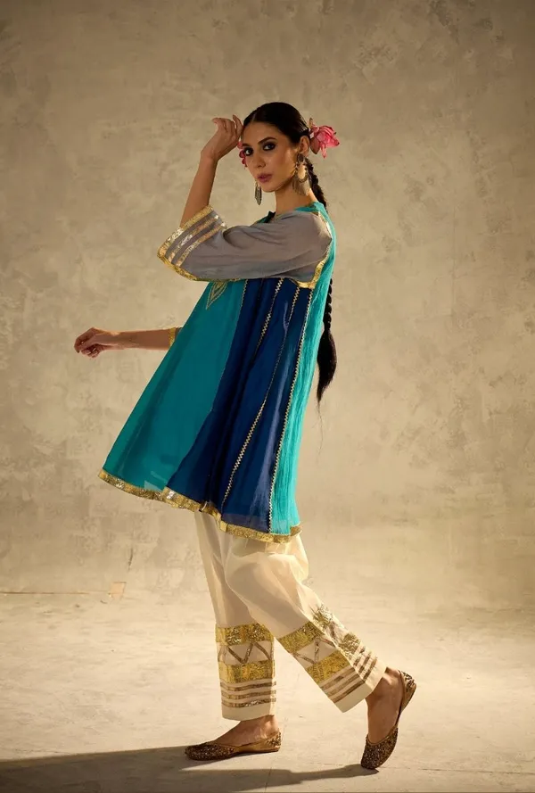 Blue__And_White_Mal_Chanderi_With_Gottapatti_Lace_Kurta_With_Sharara_Set_For_Women