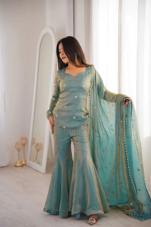 Light_Blue_Heavy_Frenchy_Silk_With_Lace_Kurta_With_Sharara_Set_For_Women
