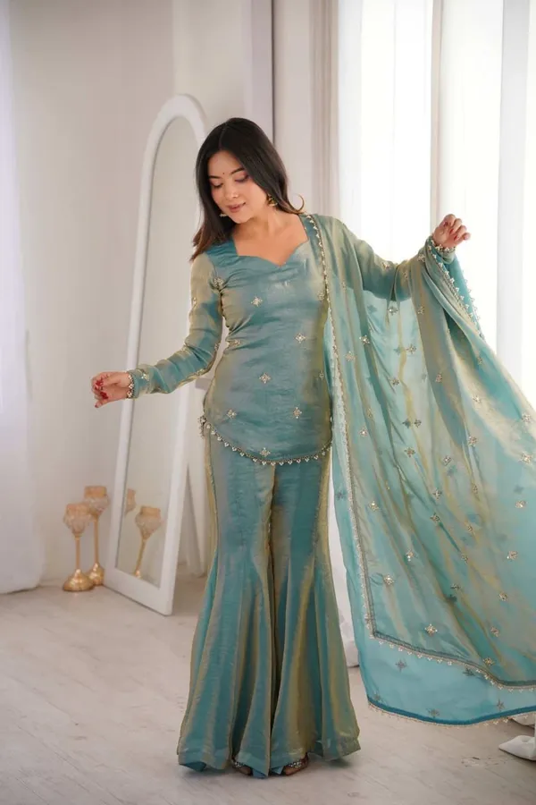 Light_Blue_Heavy_Frenchy_Silk_With_Lace_Kurta_With_Sharara_Set_For_Women
