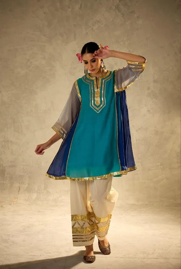 Blue__And_White_Mal_Chanderi_With_Gottapatti_Lace_Kurta_With_Sharara_Set_For_Women