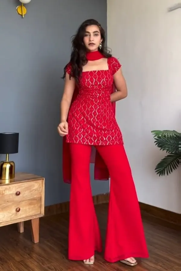 Red_Faux_Georgette_Kurta_With_Sharara_Set_For_Women