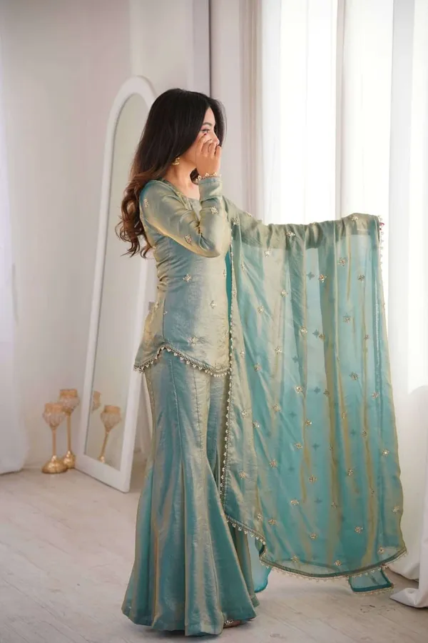 Light_Blue_Heavy_Frenchy_Silk_With_Lace_Kurta_With_Sharara_Set_For_Women