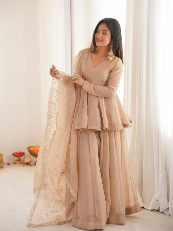 Cream_Heavy_Crunchy_Silk_Kurta_With_Sharara_Set_For_Women