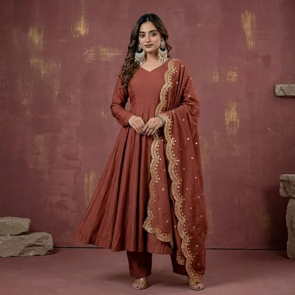 Brown_Heavy_Pure_Vichitra_Silk_Kurta_Set_For_Women