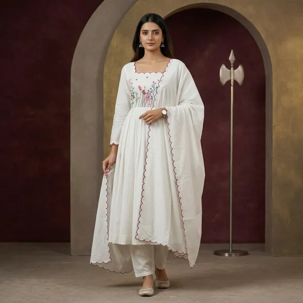 White_Heavy_Pure_Muslin_Cotton_Kurta_Set_For_Women