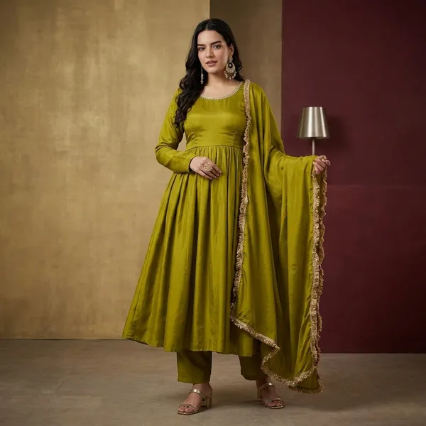 Light_Green_Heavy_Pure_Vichitra_Silk_Kurta_Set_For_Women