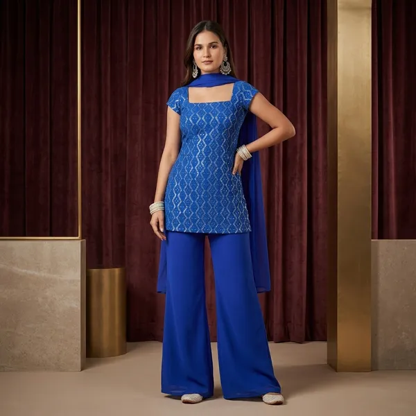 Blue_Faux_Georgette_Kurta_With_Sharara_Set_For_Women