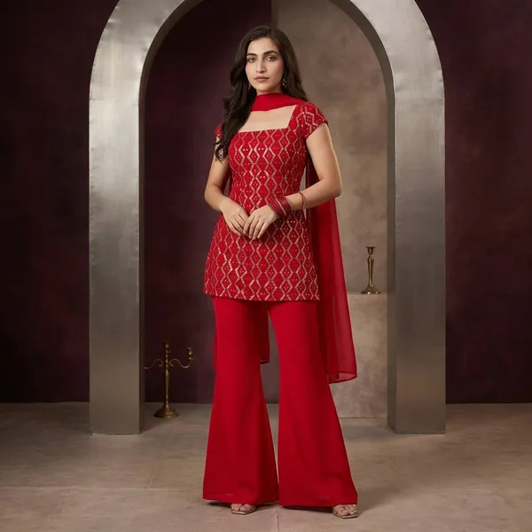 Red_Faux_Georgette_Kurta_With_Sharara_Set_For_Women