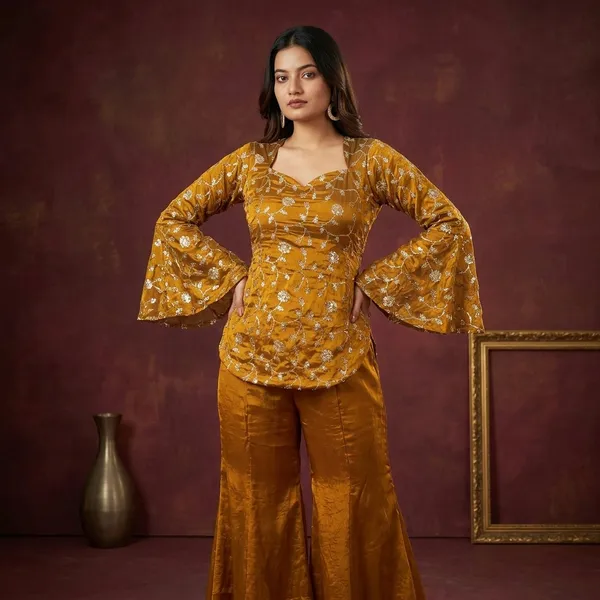 Yellow_Heavy_Frenchy_Silk_Kurta_With_Sharara_Set_For_Women