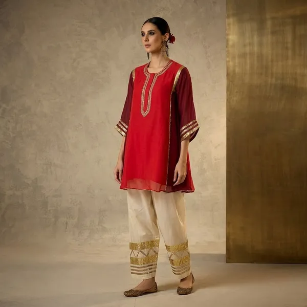 Maroon_And_White_Mal_Chanderi_With_Gottapatti_Lace_Kurta_Set_For_Women