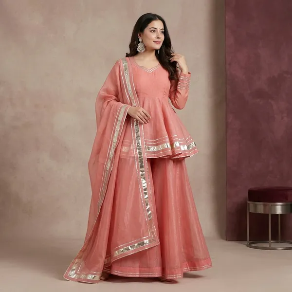 Pink_Heavy_Crunchy_Silk_With_Gottapatti_Lace_Kurta_With_Sharara_Set_For_Women