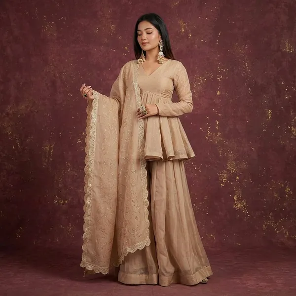 Cream_Heavy_Crunchy_Silk_Kurta_With_Sharara_Set_For_Women